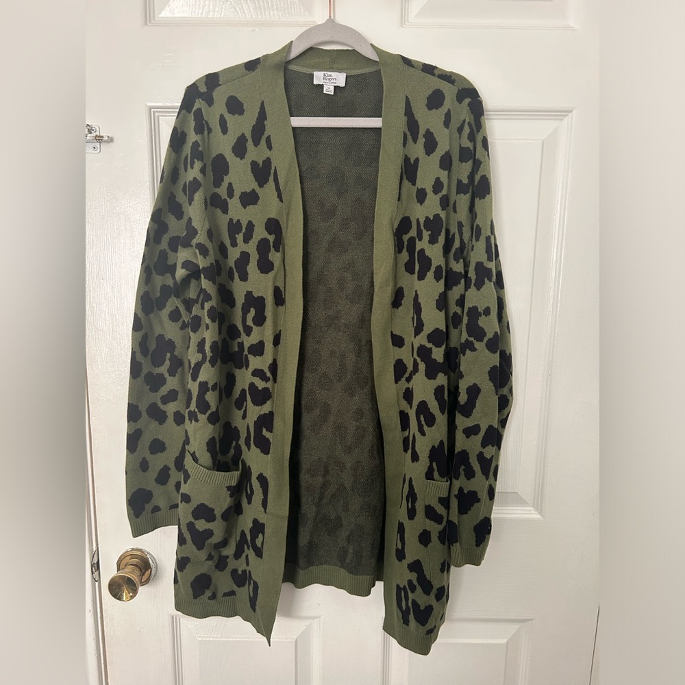 Kim Rogers Olive & Black Leopard Open Cardigan